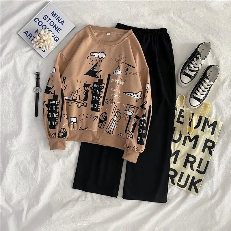 Woherb style Two Piece Set Tracksuit Women Top+Pant Suit harajuku casual loose thin Hoodie Pullover Sweatshirt student Suit Sets