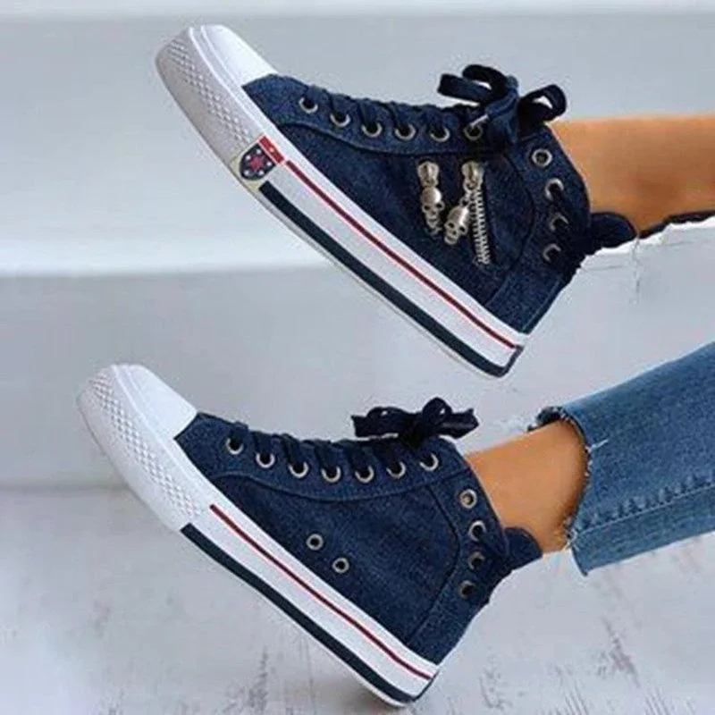 Comemore New Women Canvas Chic High Top Denim Leisure Footwear Womens Sneakers Flat Sports Walking Ladies Vulcanized Flat Shoes