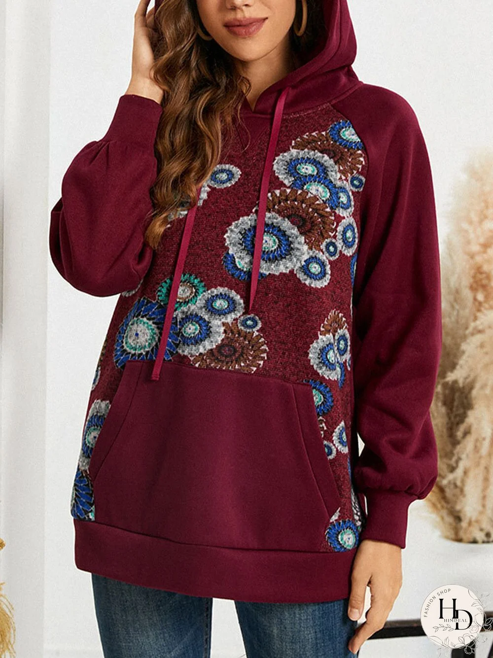 Flower Stitch Pocket Drawstring Long Sleeve Pullover Hoodie