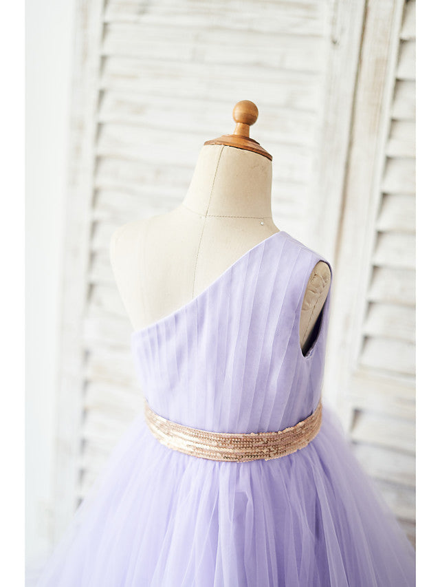 Daisda Sleeveless One Shoulder Ball Gown Asymmetrical Flower Girl Dress Tulle With Belt