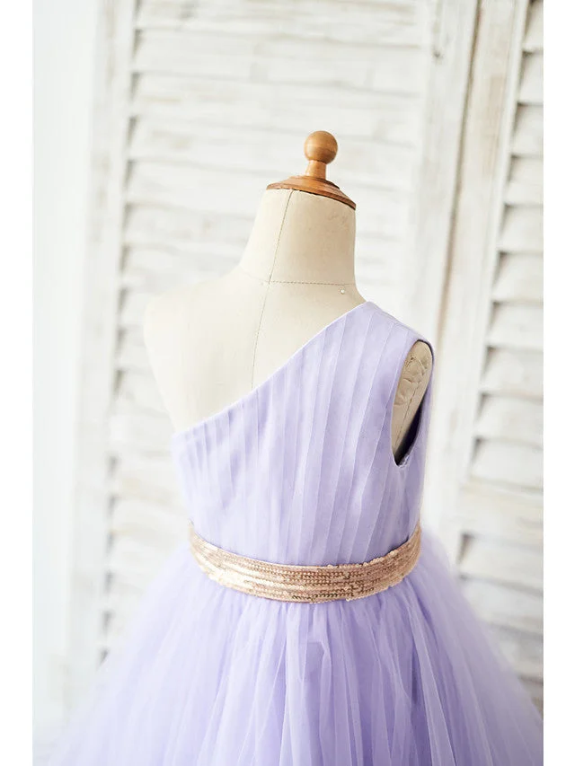 Daisda Sleeveless One Shoulder Ball Gown Asymmetrical Flower Girl Dress Tulle With Belt