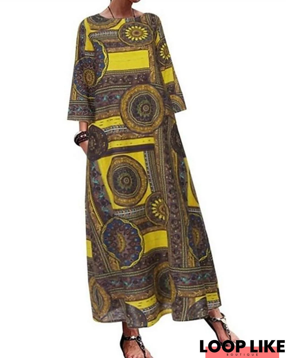 Women's Loose Maxi Long Dress - 3/4 Length Sleeve Print Loose Green Brown