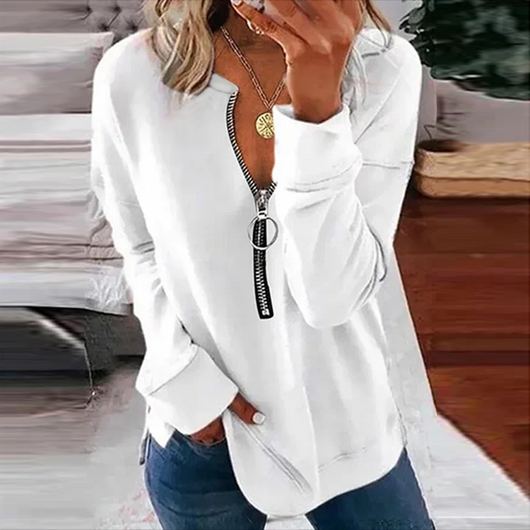 VChics Casual Solid Color Long Sleeve Zipper Sweatshirt