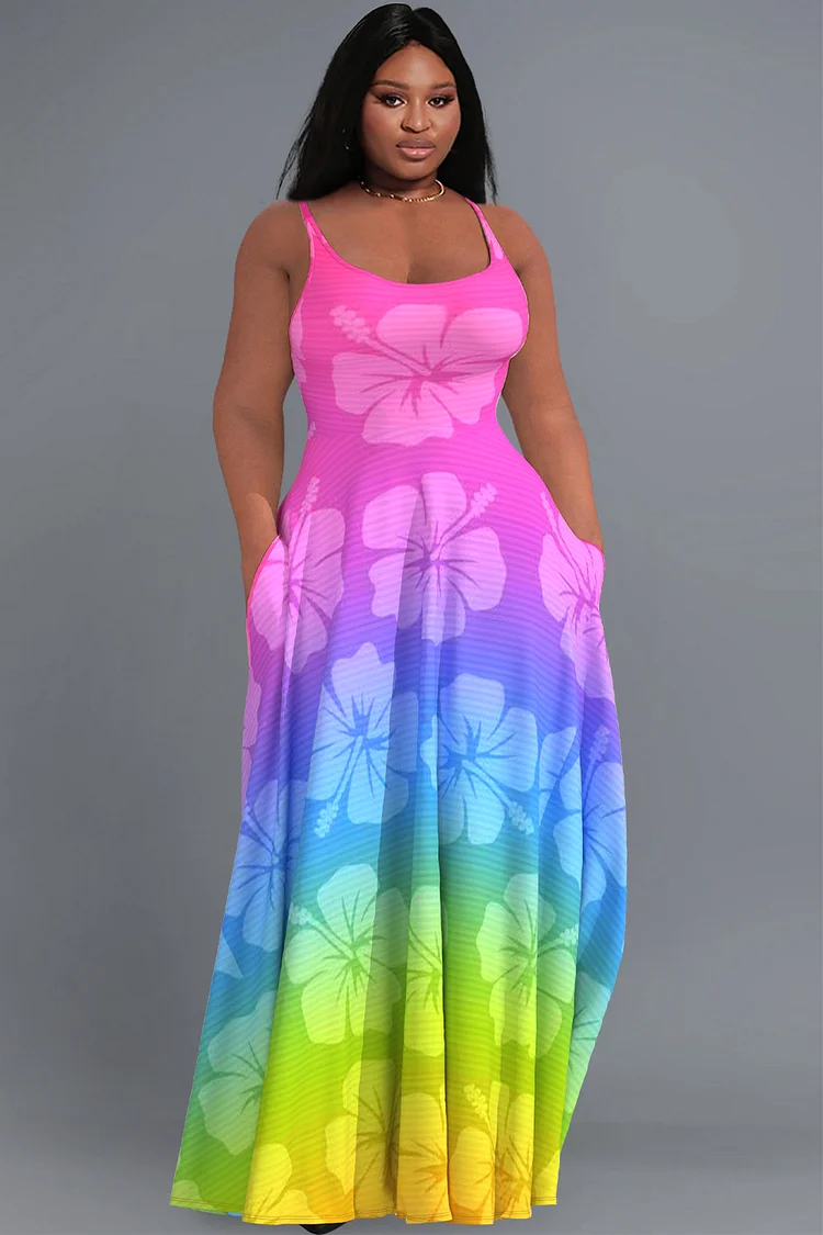 Xpluswear Design Plus Size Casual Rainbow Colorblock Floral Print Scoop Neck Cami With Pockets Maxi Dresses