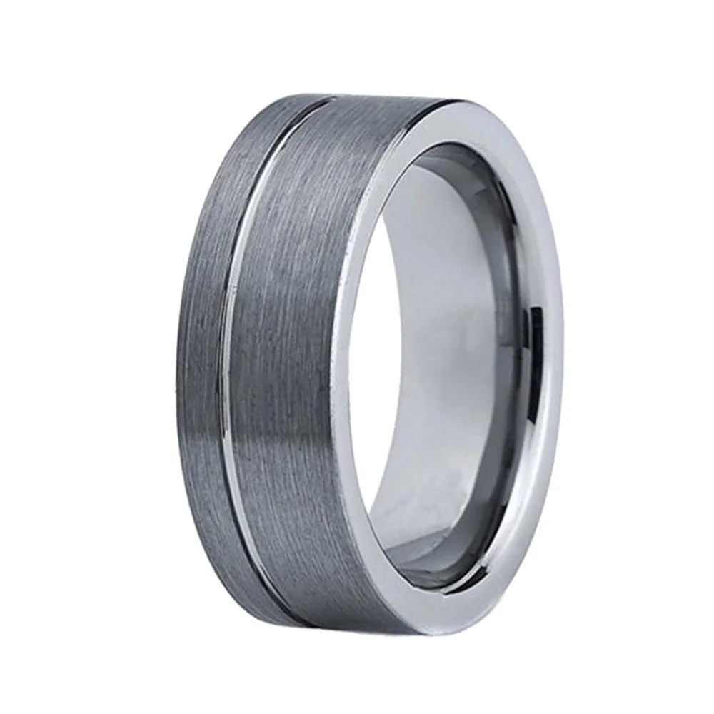 8MM Flat Tungsten Carbide Ring Silver Thin Grooves Brushed For Men