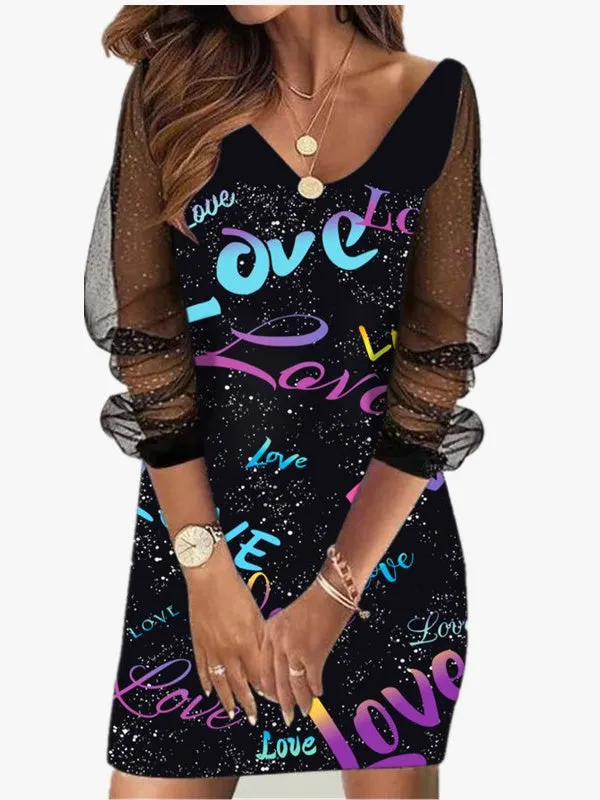 Women's Long Sleeve V-neck Stitching Graphic Midi Dress