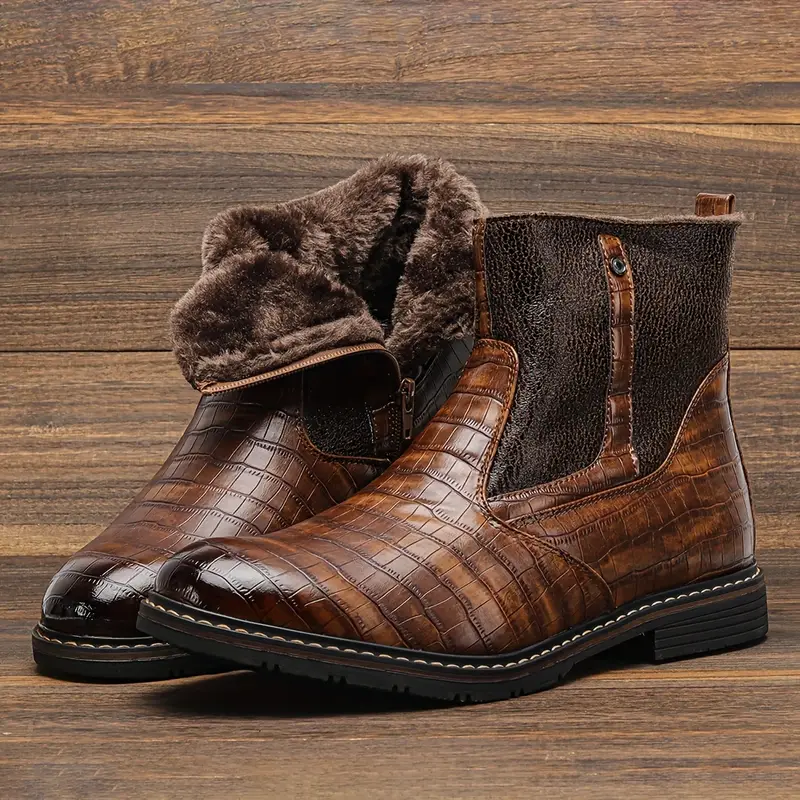 mens trendy vintage ankle boots waterproof anti skid side zippered boots with fuzzy lining for outdoor autumn and winter details 1