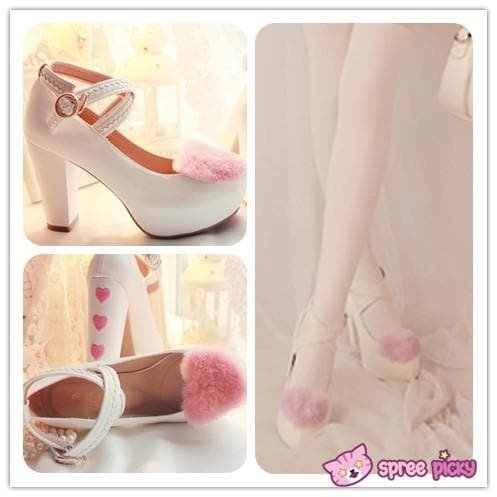 Lolita Hearts Embroidered White Heels with Sweet Pink Fur Platform Shoes SP151691