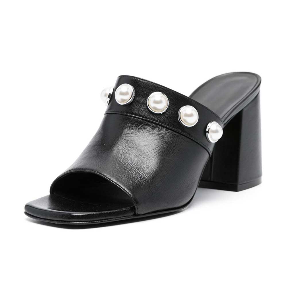 Black Open Square Toe Chunky Heel Mules Shoes with Pearl Accents Nicepairs