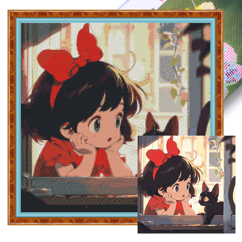 Little Girl And Black Cat Full 9CT Pre-stamped Canvas(50*50cm) Cross Stitch