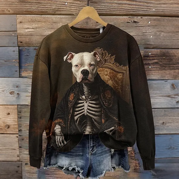 Women's Retro Halloween Dog Skeleton Art Print Casual Sweatshirt