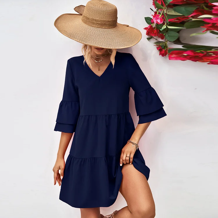 Fashion V Neck Casual Ruffle Retro Solid Patch Loose Elegant Beach Party Mini Dress