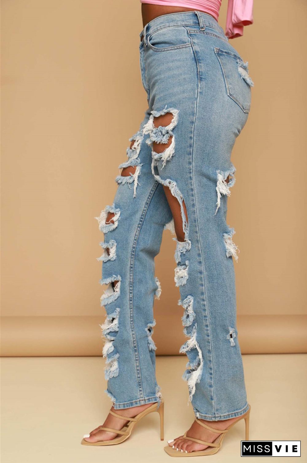 High Waist Streetwear Ripped Hole Jeans Pants