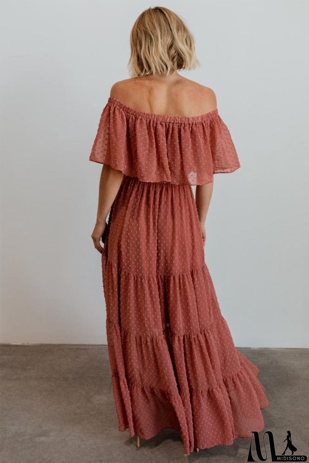 MidiSono - Rust Red Off Shoulder Ruffle Swiss Dot Maxi Dress