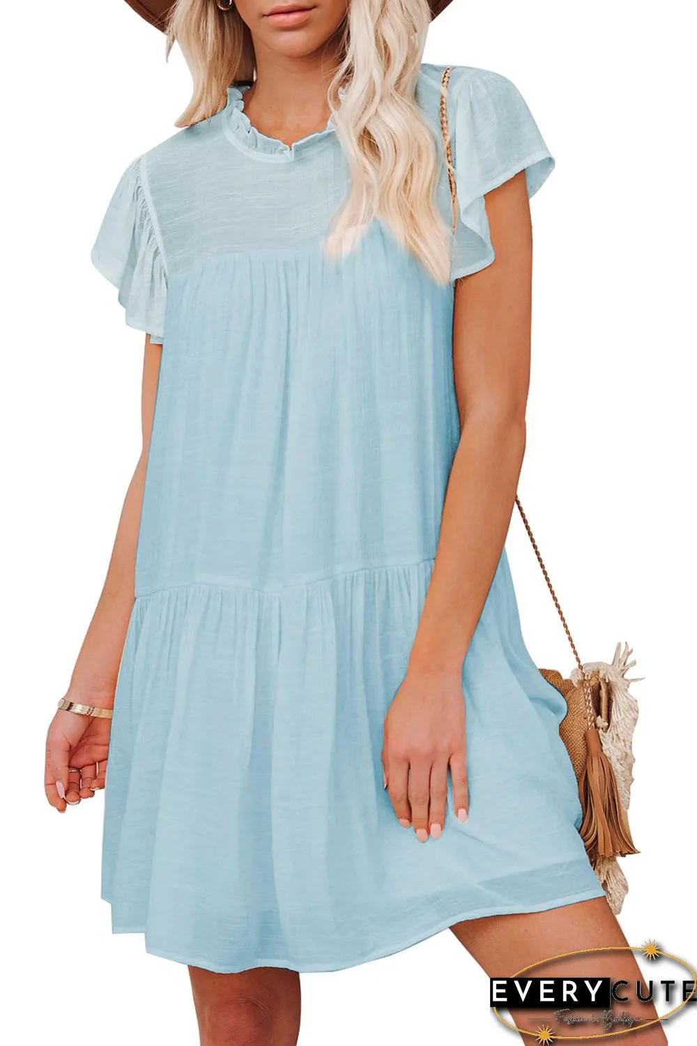 Sky Blue Frilled Neck Ruffle Swing Mini Dress with Pockets