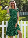 Mid-length Short-sleeved Lace-up Polka Dot Pleated Dress