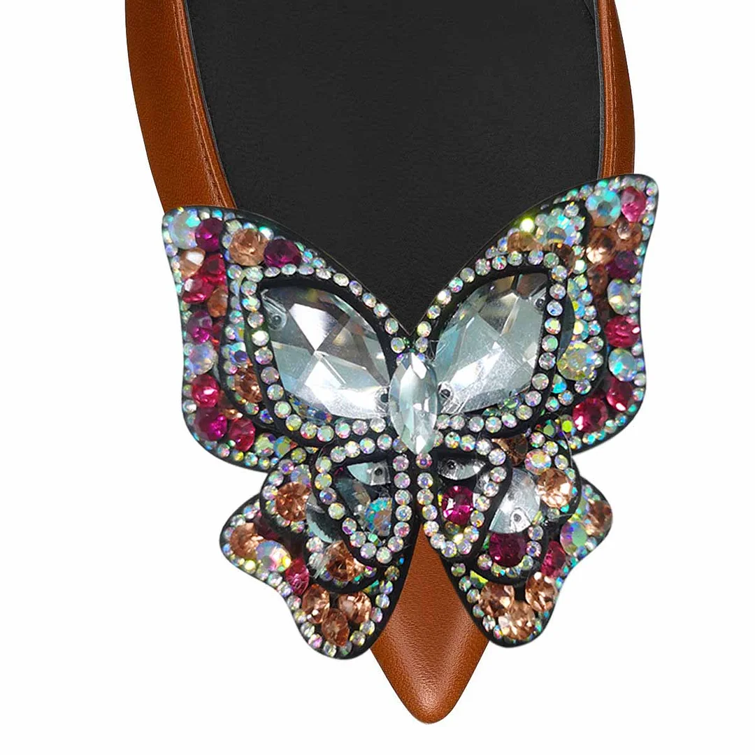 Brown Vegan Leather Chunky Heel Pumps Shoes with Jewelry Butterfly