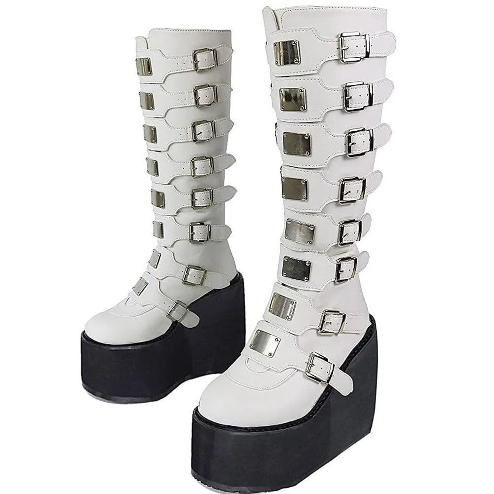 BONJOMARISA Plus Size 50 Brand Luxury Design Platform Thick Heel Mid Calf Boots Women Punk Cool Gothic Black Buckle Shoes Woman