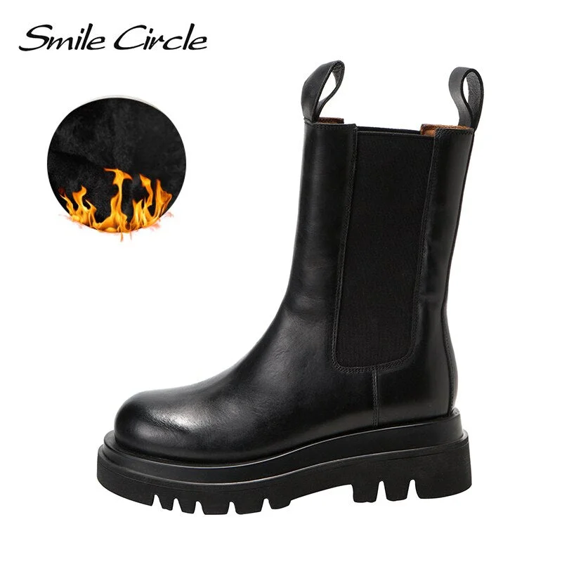 Smile Circle Autumn Slip-on Chelsea Boots Women Genuine Cow Leather fashion Round-toe Flat Platform Boots Lady shoes