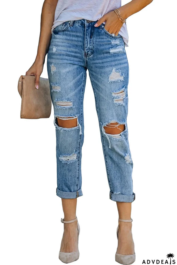 Light Blue Washed Ripped Straight Legs Jeans