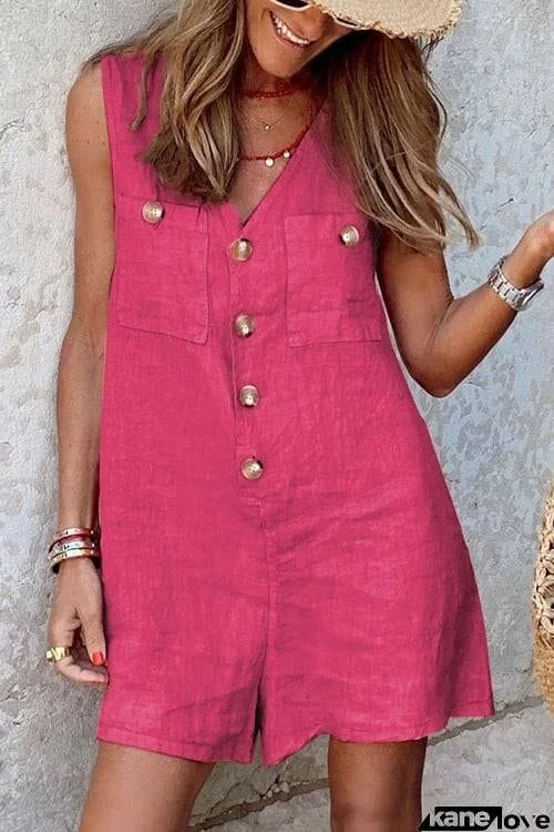 Chic Casual Sleeveless V Neck Buttons Vest Romper