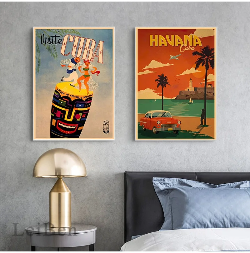 Travel to Cuba Havana Canvas Painting Vintage Wall Pictures Kraft Posters Coated Wall Stickers Home Decoration Pictures Gift