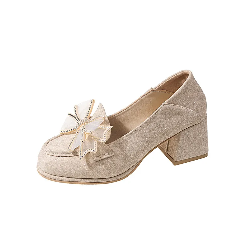 Churchf Mary Jane Small Leather Shoes Women's 2025 New Spring Loafers Bow Fashion Women's Medium Heel Heel