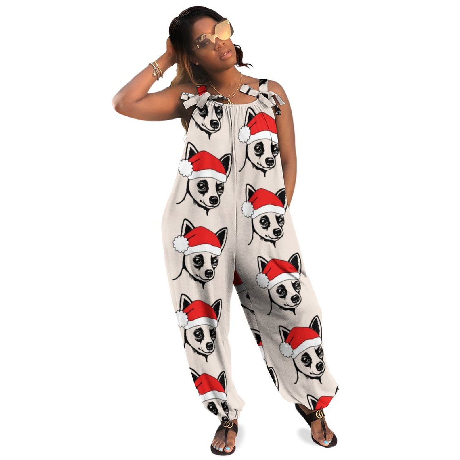 Chihuahua Santa Hat Plus Size Women Rompers Summer Casual Loose Striped Jumpsuit Maternity Overalls Boho Pockets Polyester Spandex