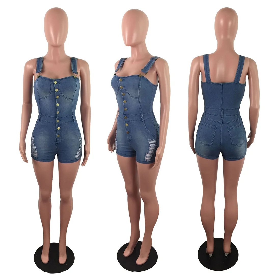 Women's Denim Slim Fit Jumpsuit Short Romper Overall