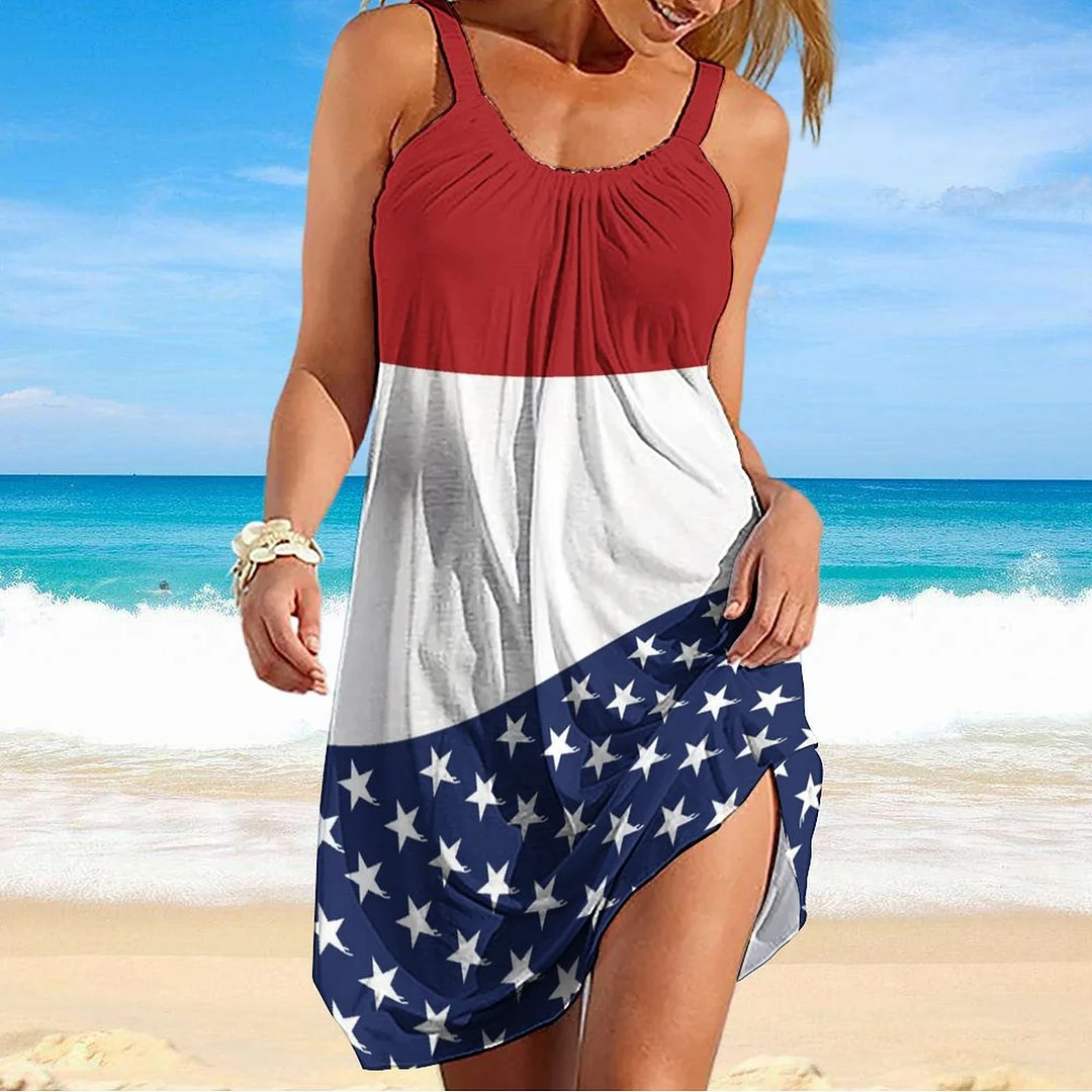 Women Beach Dress Sleeveless O-neck Casual Plus Size Mini Dress in Pattern American Flag, Stars, Red, White