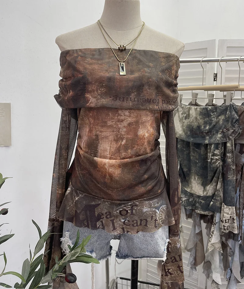 Churchf Real Shot Shoulder Strap Tie Dyed Net Shawl Shirt T-Shirt T-Shirt T-Shirt Design Folded Long-Sleeved T-Shirt 8003