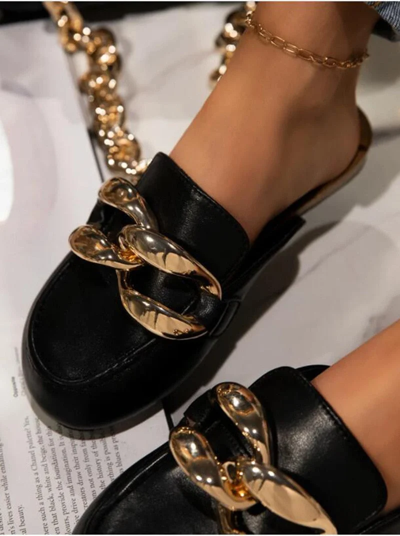 Mules Shoes Women Slippers Flats Designer Slides Size 43 White Black Luxury Big Chain Sandals Moda Feminina Verao 2021 Pantoufle