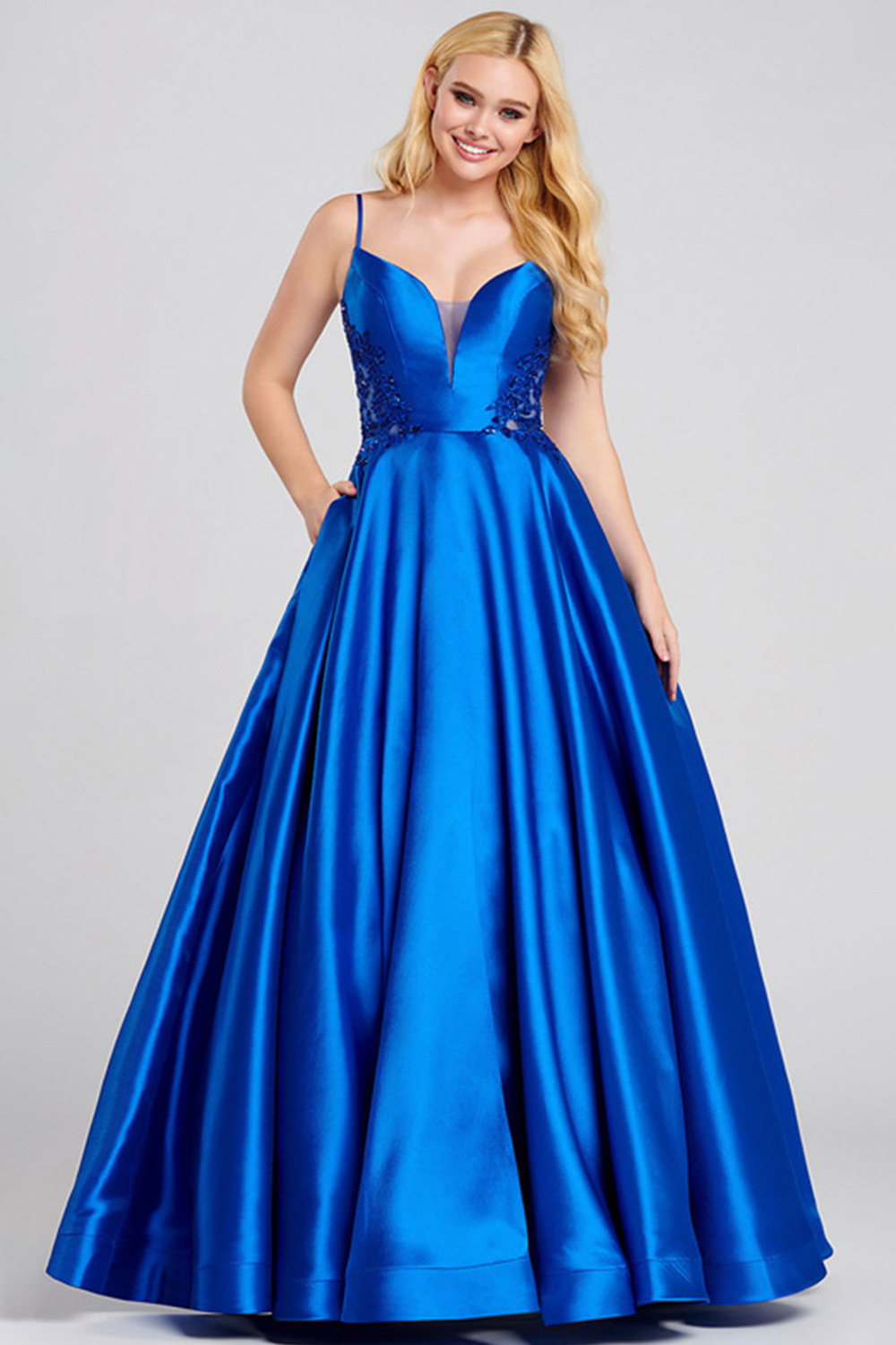 Plus Size Prom Royal Blue Lace Embroidery Pocket Cami Maxi Dress 2024 - Flycurvy 