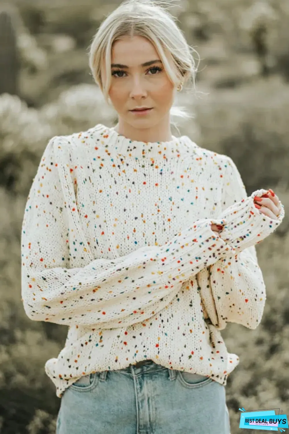 Beige Colorful Dots Cable Knit Crew Neck Sweater