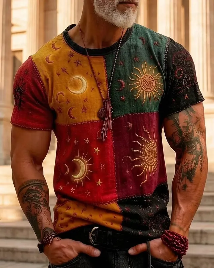 Men's Summer Style Star and Moon Print Embroidered Casual Fashion Linen Short-Sleeve Top 2807