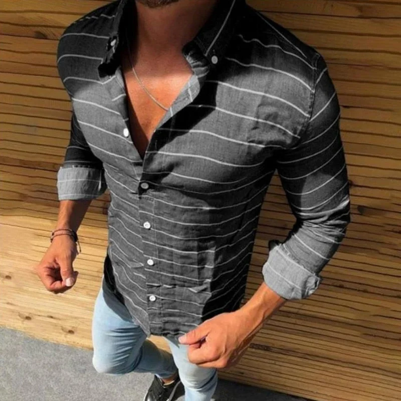 Aonga -  Vintage Striped Printing Long Sleeve Shirts For Men 2024 Spring Autumn Casual Button-up Turn-down Collar Shirt Mens Fashion Tops