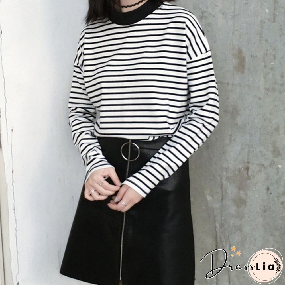 Women Turtleneck Korean Style Crop Top Long Sleeve Striped Tops Female Shirt Casual Harajuku Tops