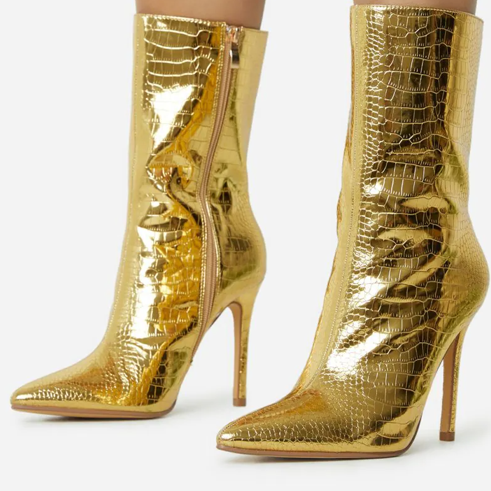 Gold Mirror Leather Ankle Boots Crocodile Skin Zipper Decor Boots