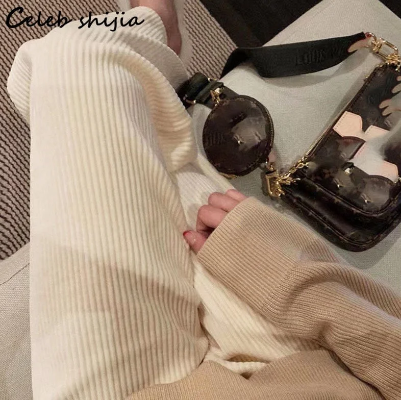 UForever21 Back to School Autumn Beige Corduroy Straight Pants Women Elastic Waist Winter New Elegant Pants Women Bottoms Streetwear Harajuku Trousers
