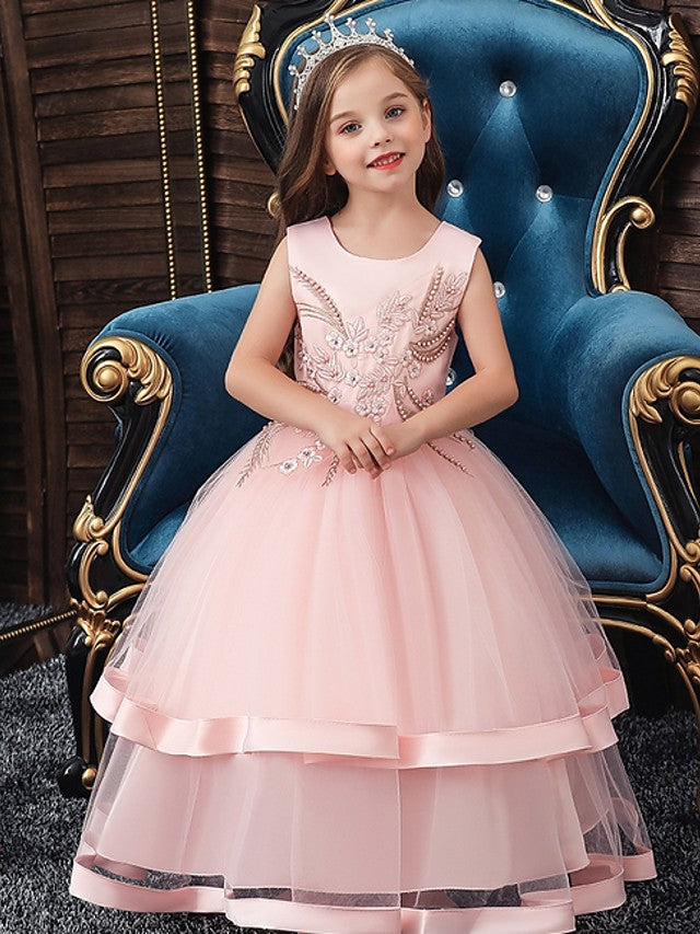 Oknass Ball Gown Sleeveless Jewel Neck Flower Girl Dresses Tulle With Bow Appliques Cascading Ruffles