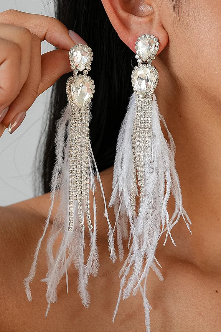 Fashion Silver Multi-Row Rhinestones Feather Tassel Earrings 2024 - Xpluswear