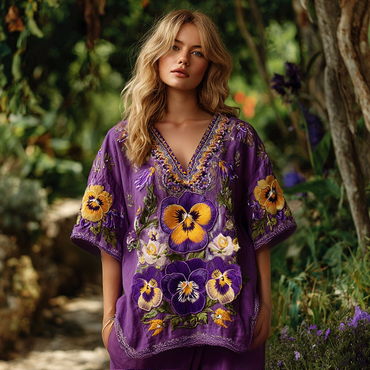 VChics Women's Purple Pansy Embroidery Design Print Three-quarter Sleeves Shirt
