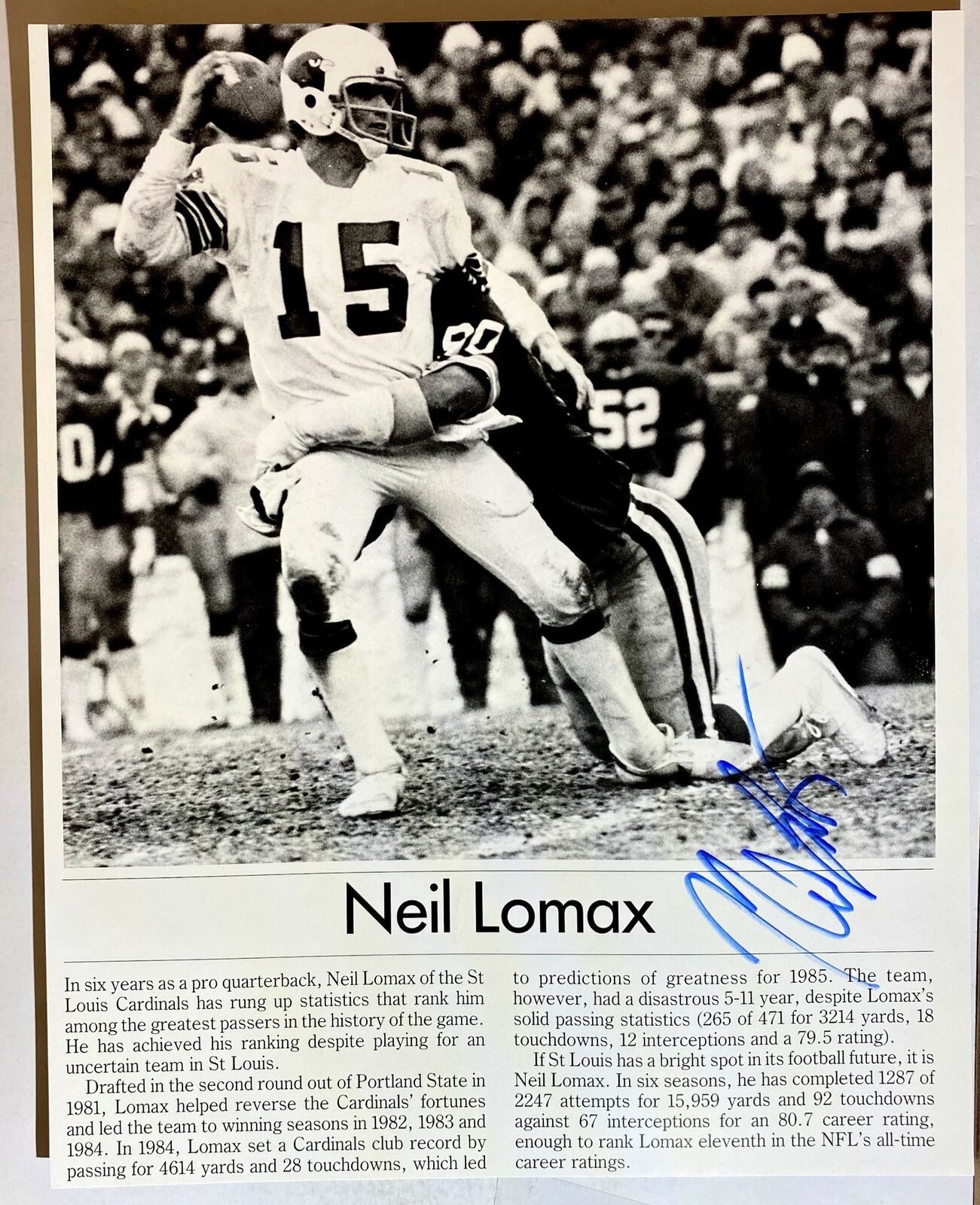 Neil Lomax Signed 8x10 Photo Poster painting St. Louis Phoenix Cardinals Autograph Auto