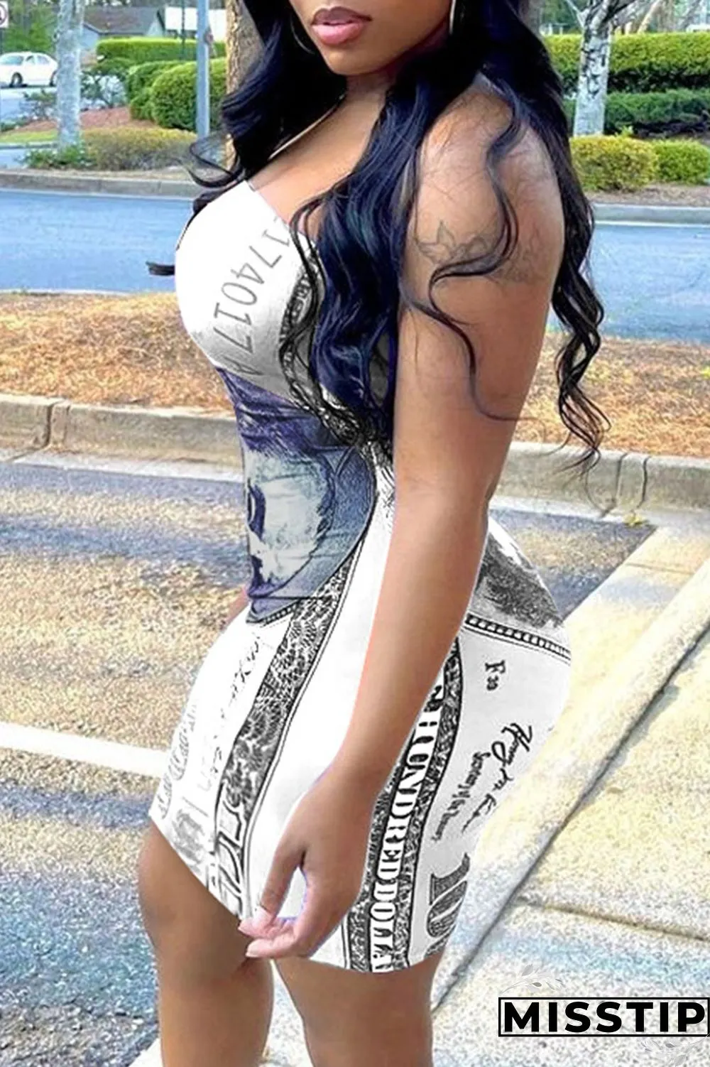 Orange Sexy Print Patchwork Strapless Sheath Dresses