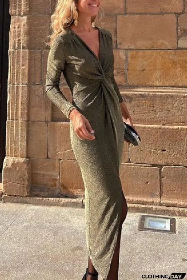 Outshine You Metallic Center Front Kink Slit Stretch Midi Dress