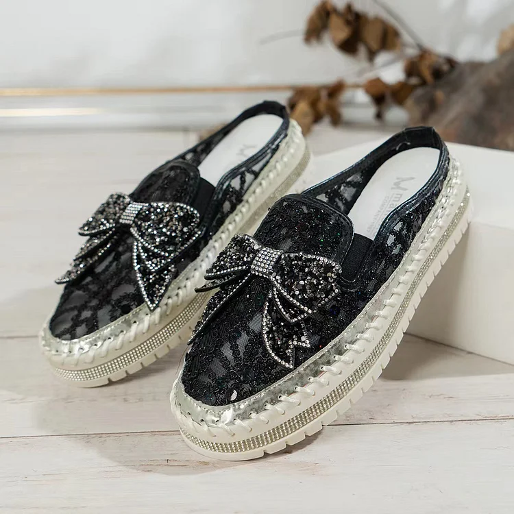 New Crystals Butterfly-knot Flat PlatformHeels Half slippers Women Bling shoes  Stunahome.com