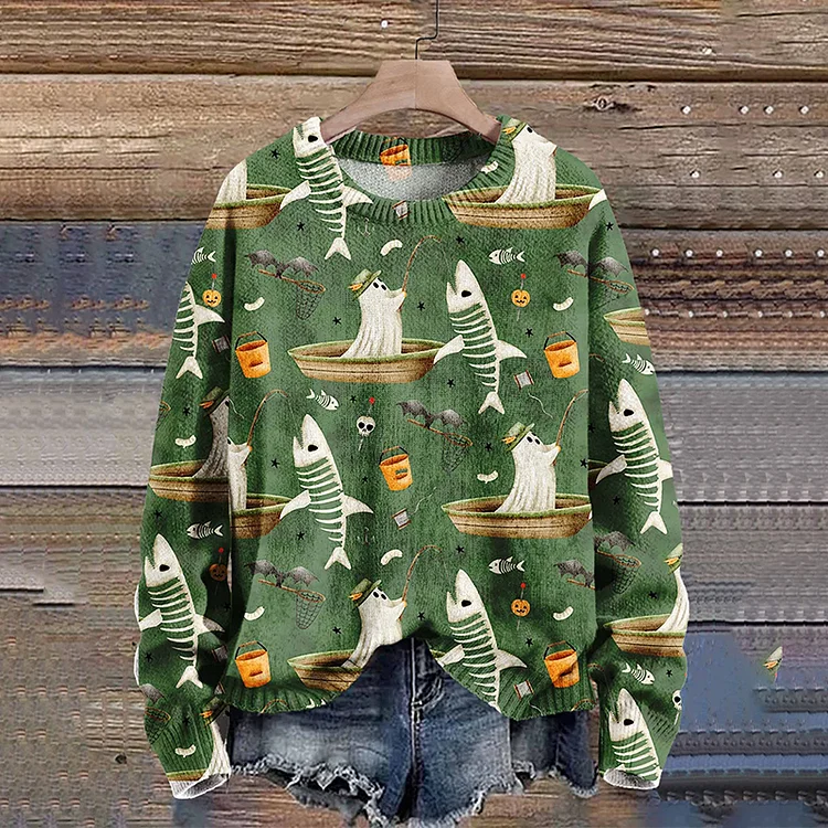 Ghost Fishing Autumn Season Halloween Art Print Knit Pullover Sweater