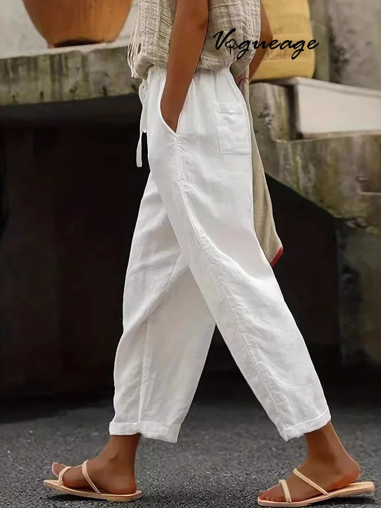 Simple Solid Color Pocket Drawstring Cotton And Linen Women's Pants