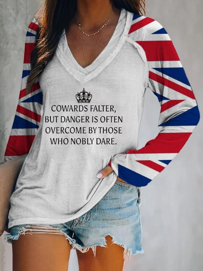 Queen's Crown Print V-Neck Long Sleeve T-Shirt