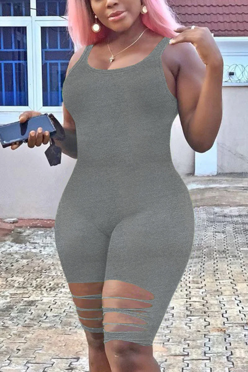 Grey Fashion Sexy Sleeveless Broken Hole Romper | EGEMISS
